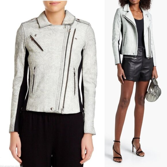 IRO Ilaria Ribbed Knit-Paneled Distressed Leather Biker Jacket Off-white Moto - Picture 1 of 15
